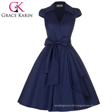 Grace Karin Cap Sleeve Lapel Collar V-Neck Retro Vintage High-Stretchy Party Navy blue Dress CL008953-5